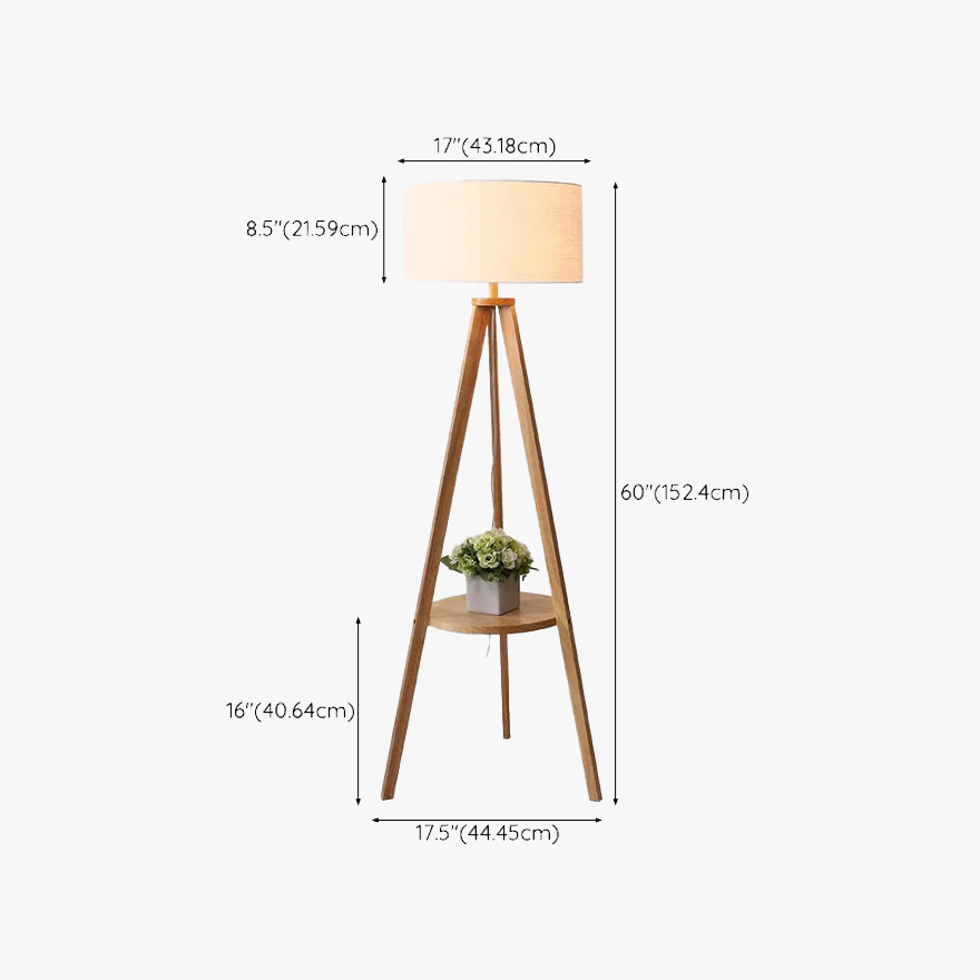 Vintage  Wooden And Fabric Tripod Living Room Floor Lamp, Walnut/Natural Wood