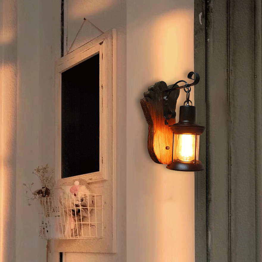 Cozy Metal And Wood Footprints Lantern Living Room Wall Lamp, Walnut