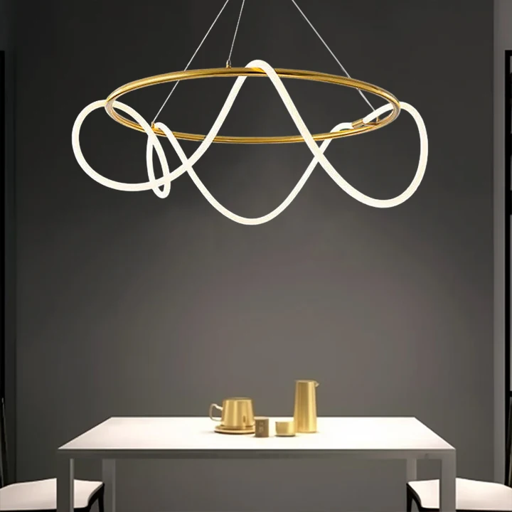 Designer Metal Linear And Wave Living Room Pendant Light, Black/Gold