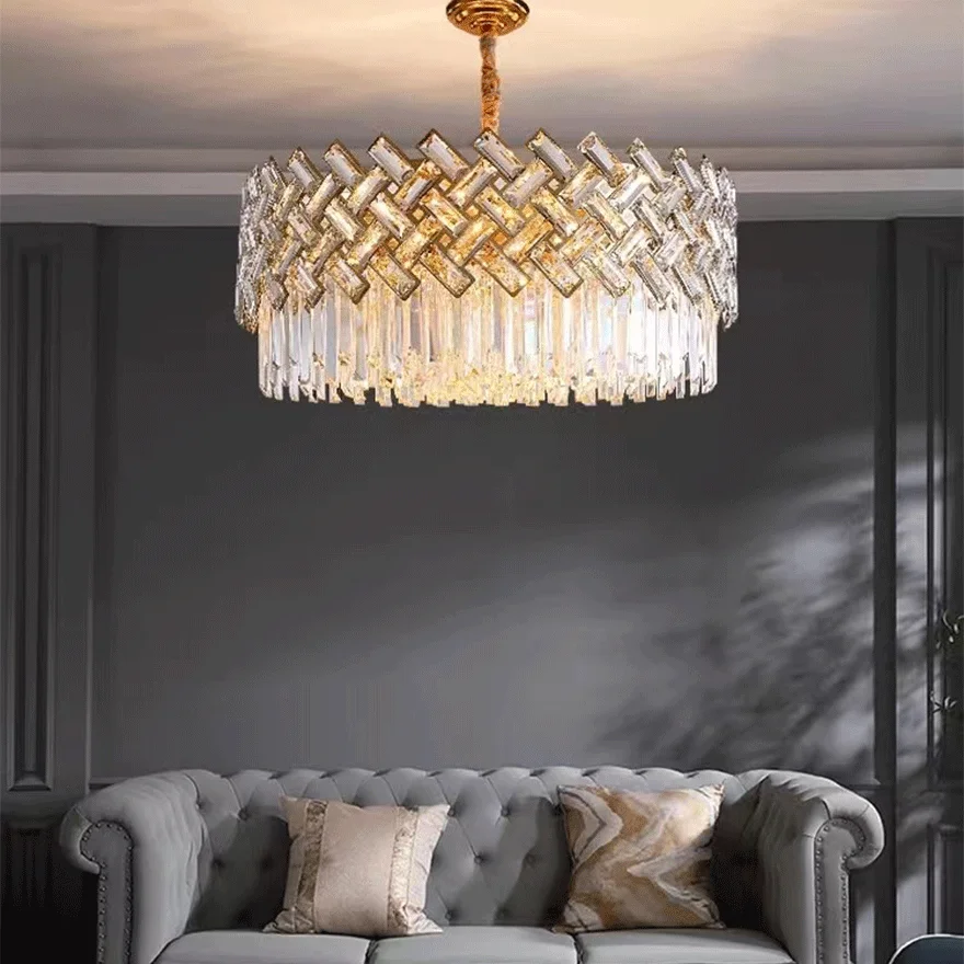 Baroque Metal And Crystal Geometric Dining Room Chandelier Pendant Light, Gold, Trichromatic Light