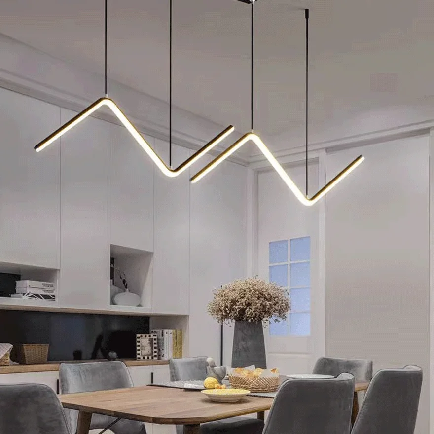 Minimalist Metal And Acrylic Linear Dining Room Pendant Light, Black/Gold, Trichromatic Light