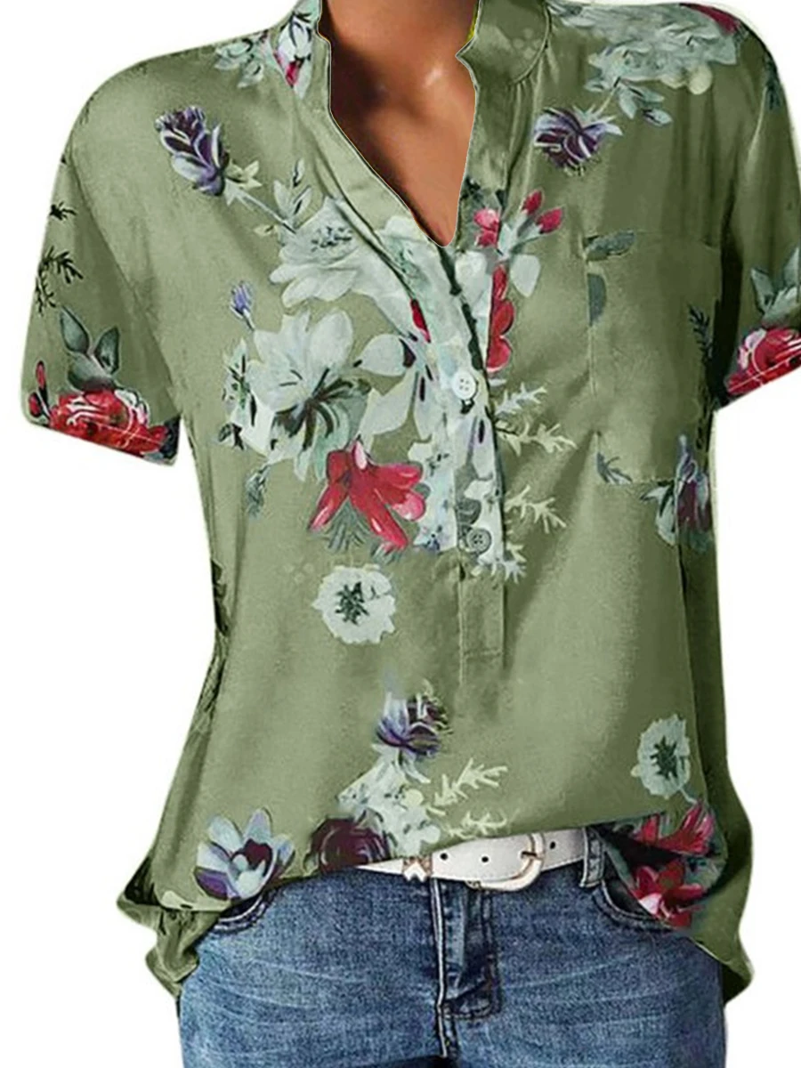 V Neck Loose Fitting Floral Printed Blouses