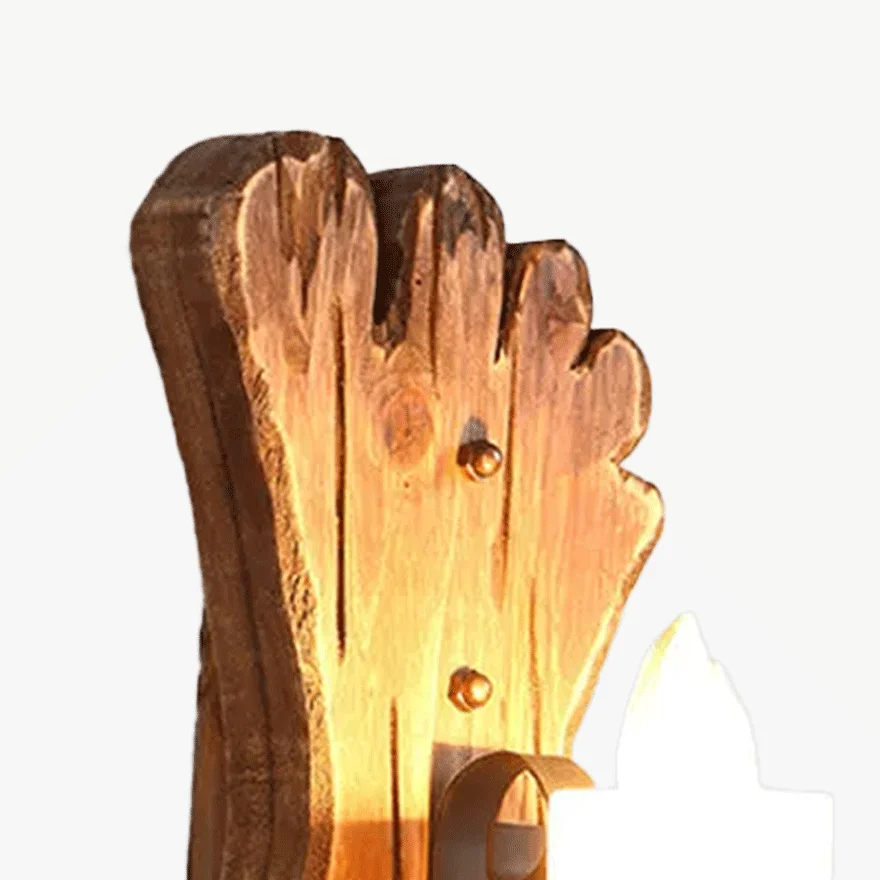 Cozy Metal And Pine Wood Footprints Candle Living Room Wall Lamp, Log Color