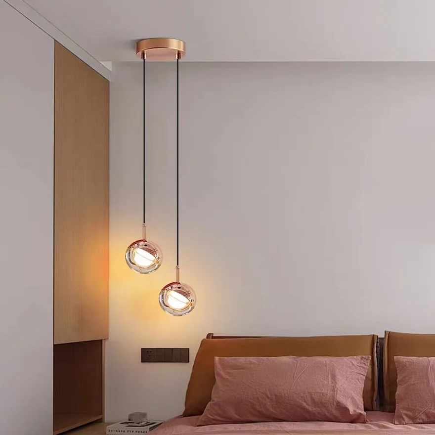 Designer Metal And Glass Globular Bedroom Pendant Light, Gold/Rose Gold