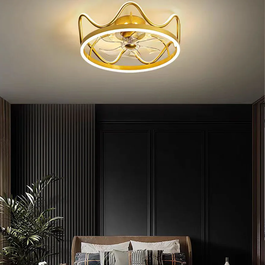 Art Deco Metal And Acrylic Crown Bedroom Ceiling Fan with Light, Black/Gold