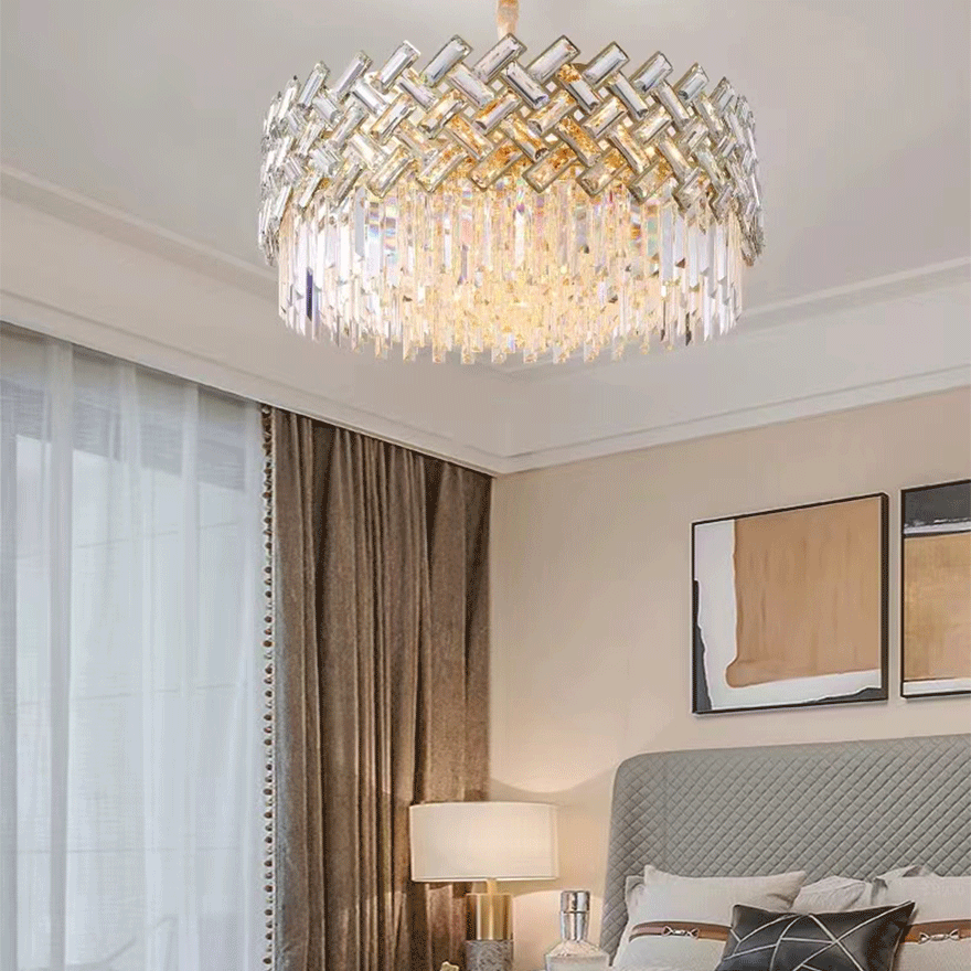 Baroque Metal And Crystal Geometric Dining Room Chandelier Pendant Light, Gold, Trichromatic Light