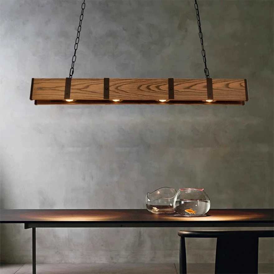 Retro Metal And Wooden Strip Dining Room Pendant Light, Log Color