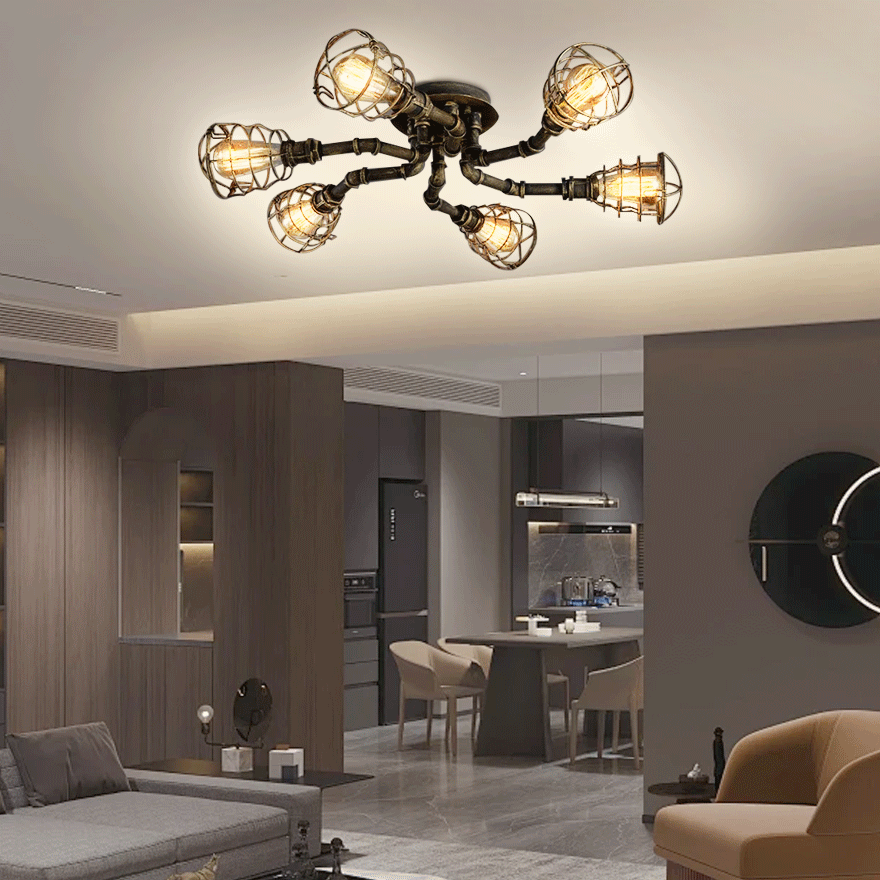 Designer Metal Pipe Shape Study Room Ceiling Light, Black/Brass