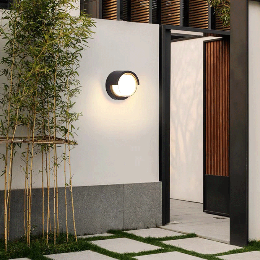 Modern Metal And Acrylic Round  Outdoor Wall Lamp, Black