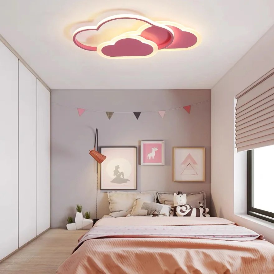 Art Deco Acrylic And Metal Cloudy Children's Room Ceiling Light, Pink/White, Trichromatic Light