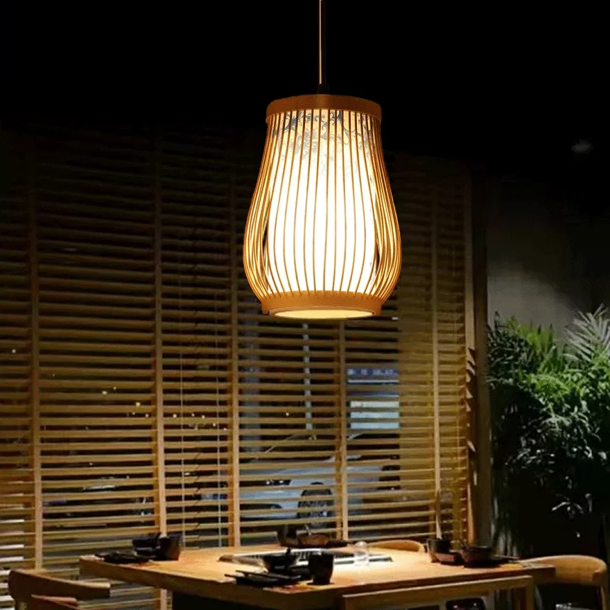 Boho Bamboo Lantern Dining Room Pendant Light, Natural Wood