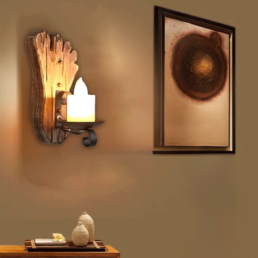 Cozy Metal And Pine Wood Footprints Candle Living Room Wall Lamp, Log Color