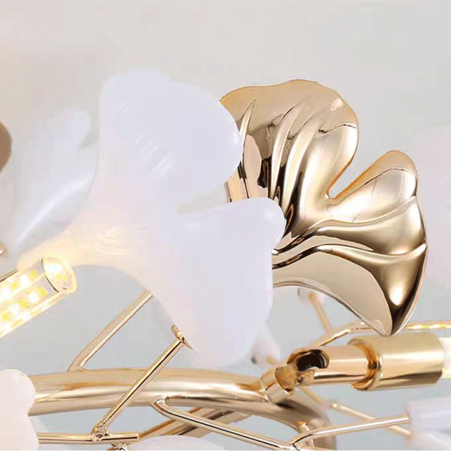 Designer Ceramic And Metal Petal Shaped Dining Room Ceiling Light, Gold-White