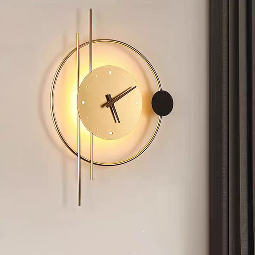 Designer Metal And Acrylic Clock Dining Room Wall Lamp, Black/Gold