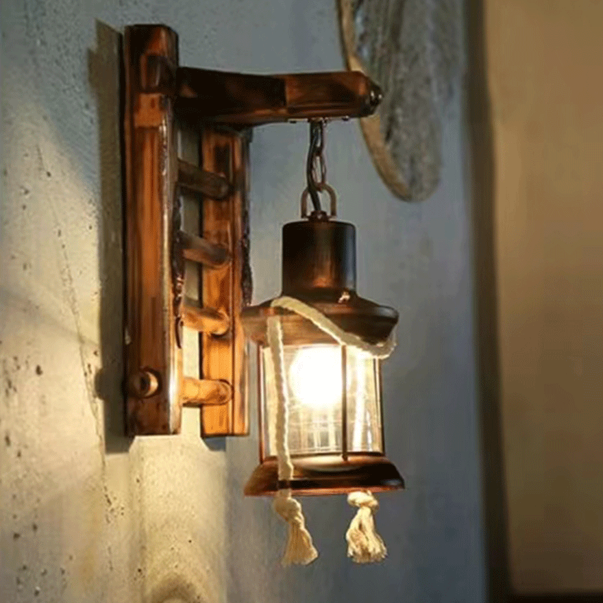 Retro Metal And Wooden Lantern Bedside Wall Lamp, Antique Brass