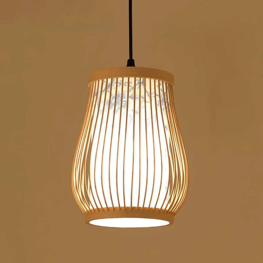 Boho Bamboo Lantern Dining Room Pendant Light, Natural Wood