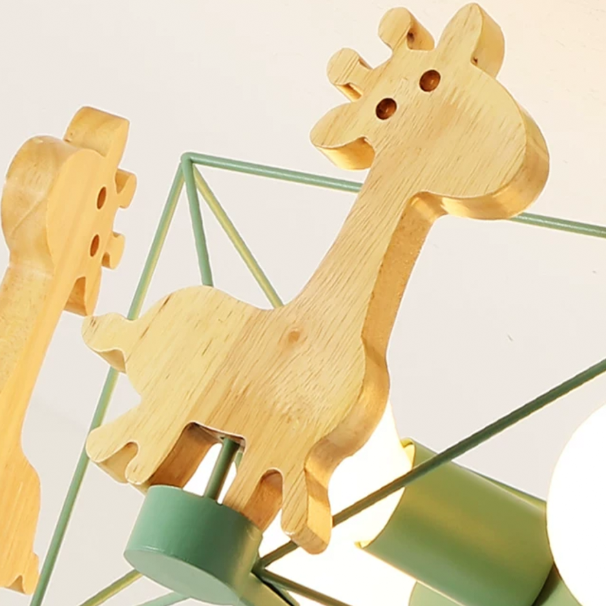 Art Deco Wooden And Metal Giraffe Children's Room Ceiling Light, Gray/Green/Pink, Trichromatic Light