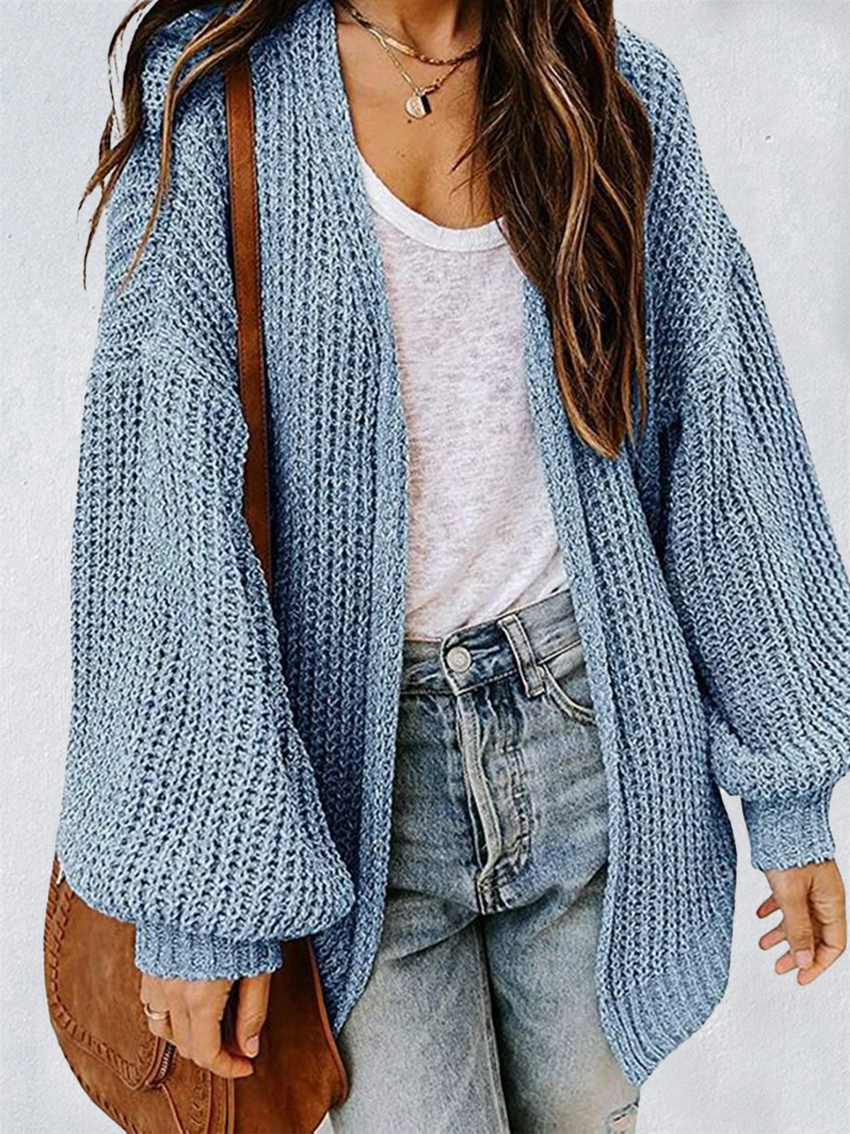 Women's Solid Color Lantern Sleeve Loose Knitted Cardigan Sweater