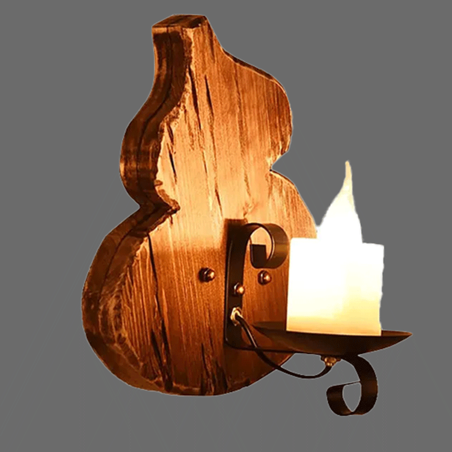 Vintage Metal And Pine Wood Cucurbits Candle Living Room Wall Lamp, Burlywood