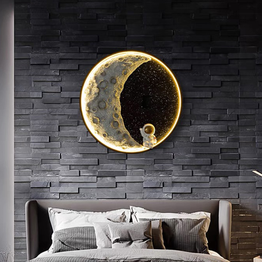 Designer Metal Astronaut Moon Children's Room Wall Lamp, Black, Trichromatic Light