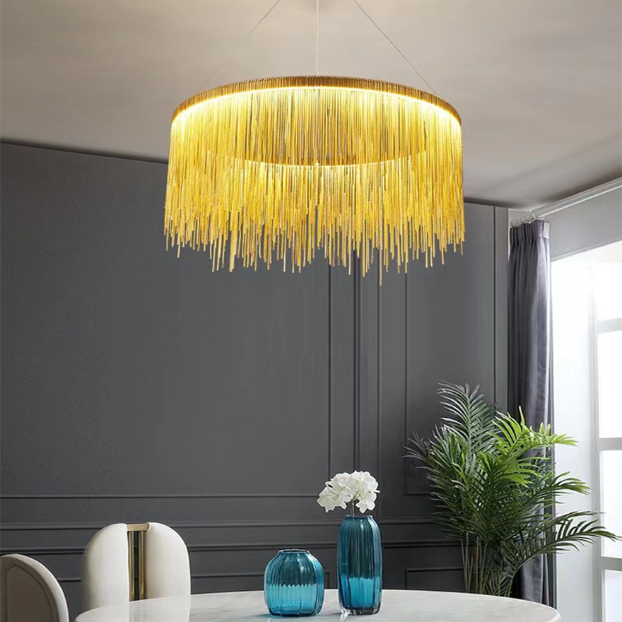 Royal Metal Tassel Living Room Chandelier Pendant Light, Gold, Trichromatic Light