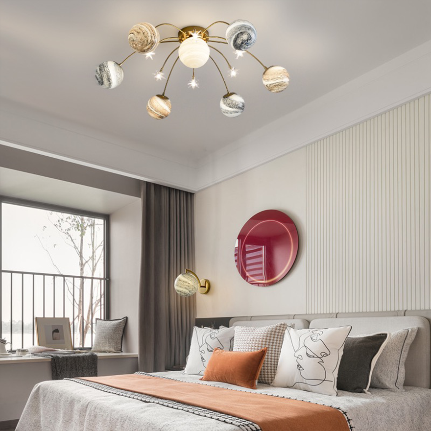 Designer Metal And Glass Planet Children's Room Ceiling Light, Gold, Trichromatic Light