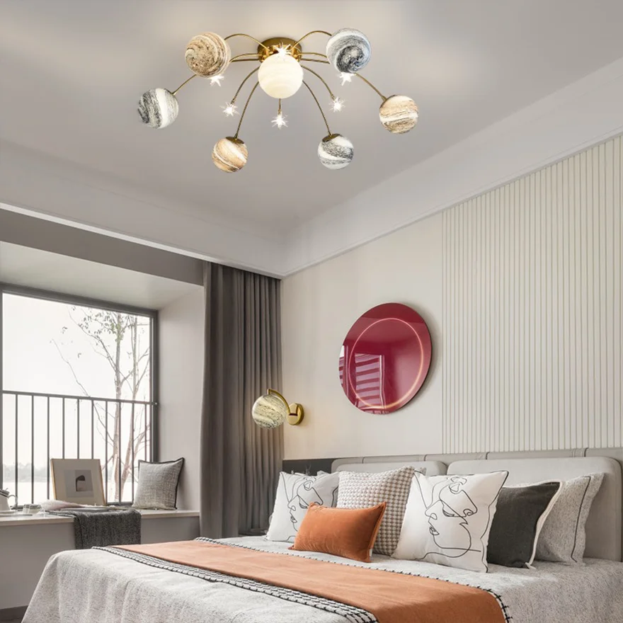 Designer Metal And Glass Planet Children's Room Ceiling Light, Gold, Trichromatic Light