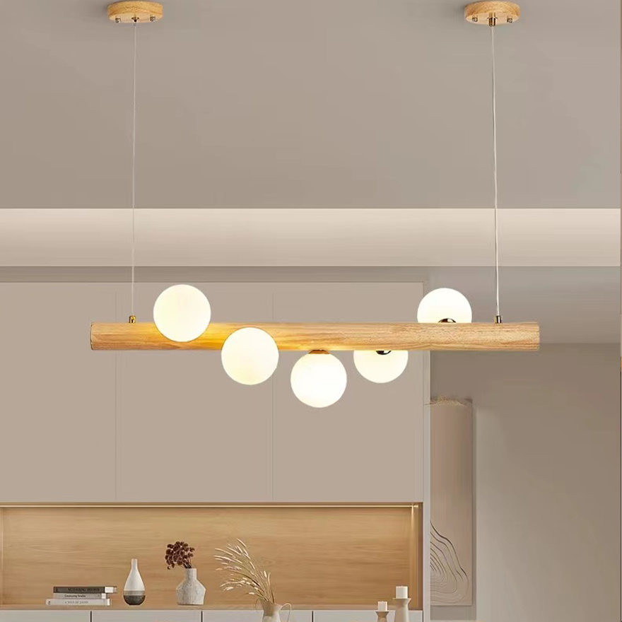 Nordic Wooden And Glass Bubble Kitchen Pendant Light, Burlywood/Walnut