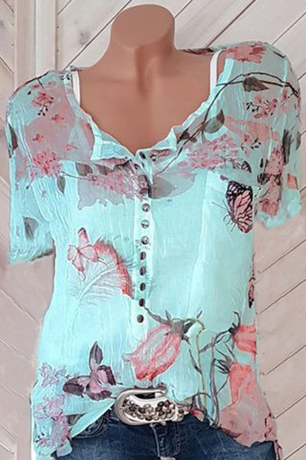 Floral Printed Short Sleeve Blouses