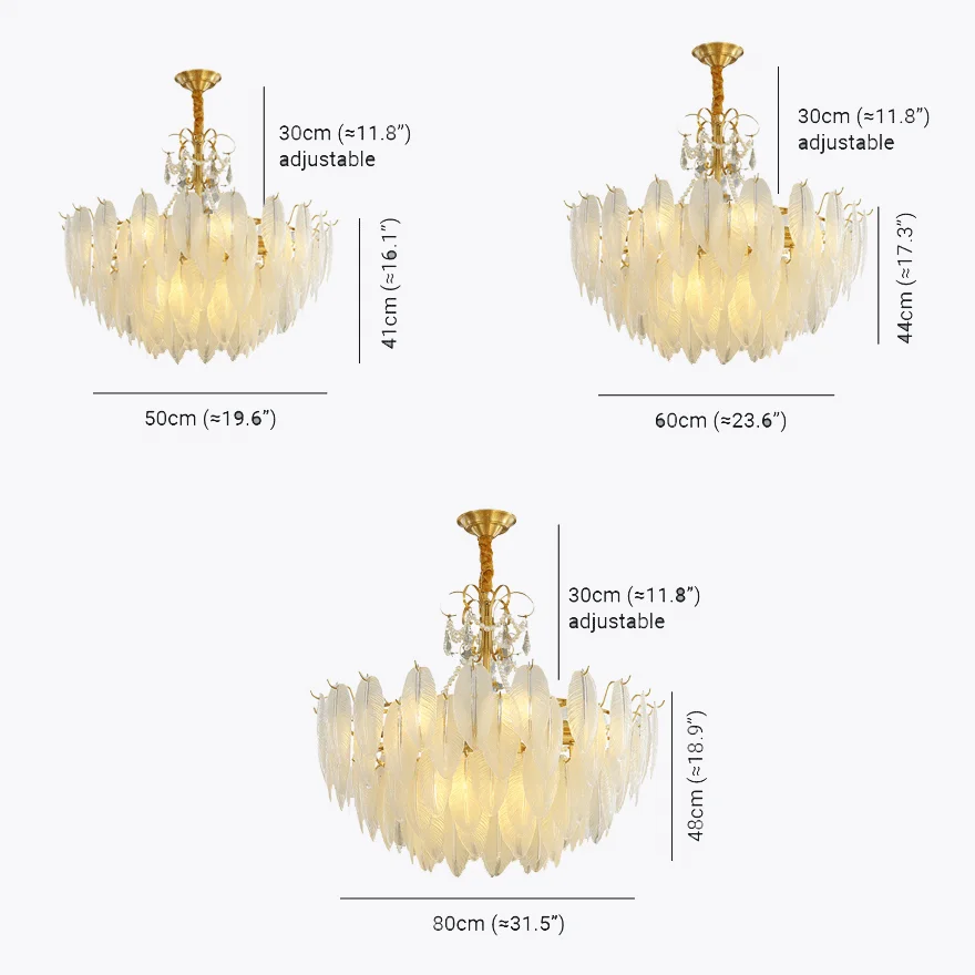 Decorative Pure Copper And Glass Feather Dining Room Chandelier Pendant Light, White, Trichromatic Light