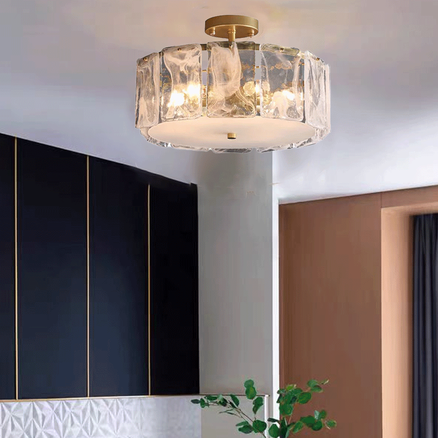 Modern Metal And Glass Round Bedroom Ceiling Light, Gold