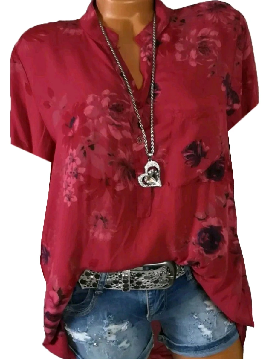 Band Collar Loose Fitting Print Blouses