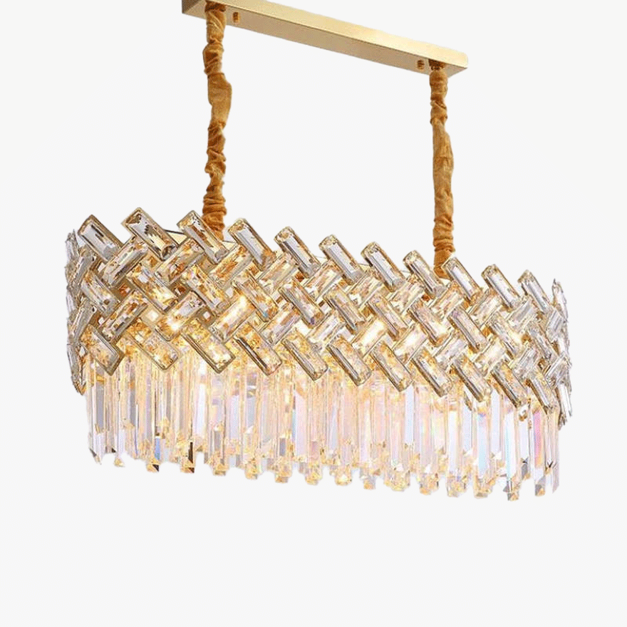 Baroque Metal And Crystal Geometric Dining Room Chandelier Pendant Light, Gold, Trichromatic Light