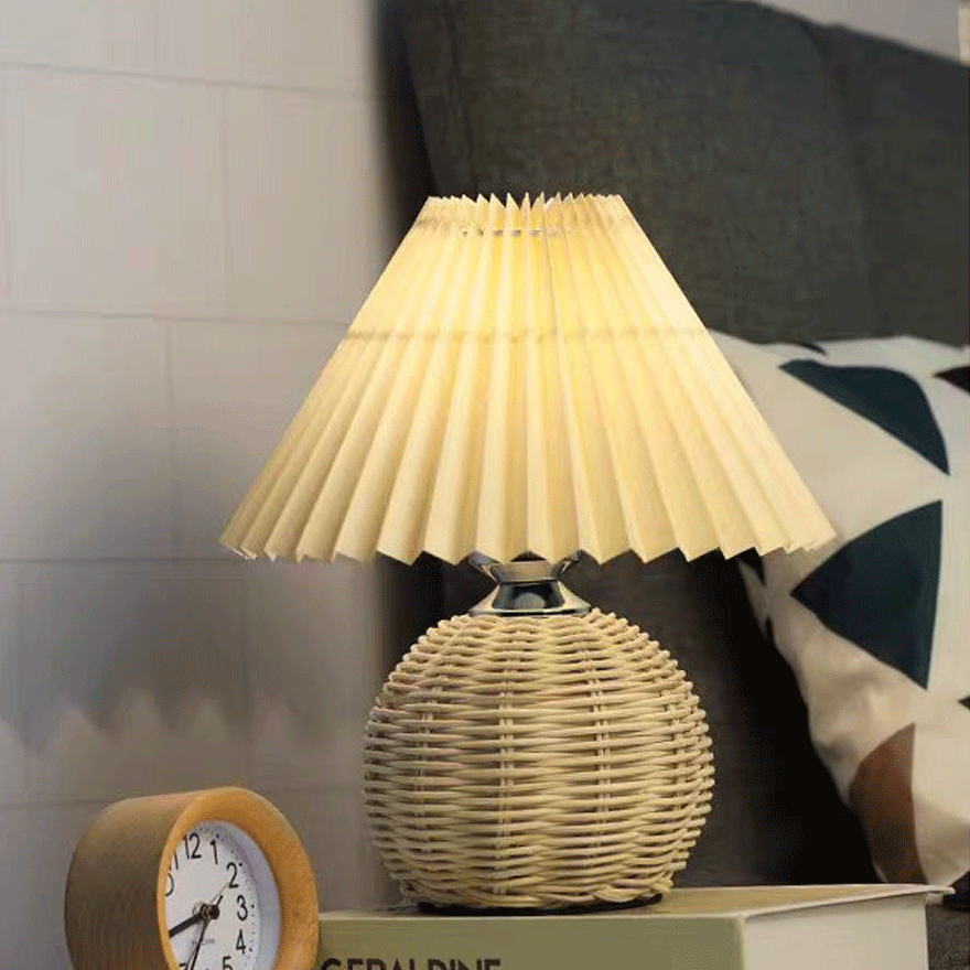 Classical Ceramic, Rattan, Wood Fabric Geometric Living Room Table Lamp, White/Burlywood | Liiffy