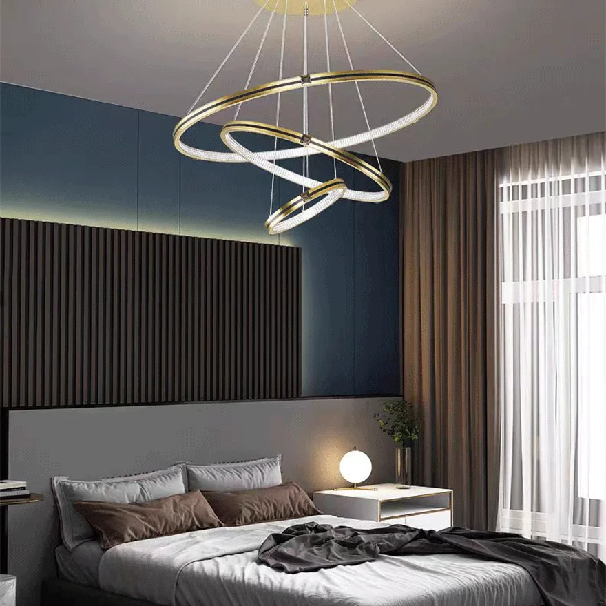 Modern Metal Ring Dining Room Pendant Light, Black/Gold, Trichromatic Light