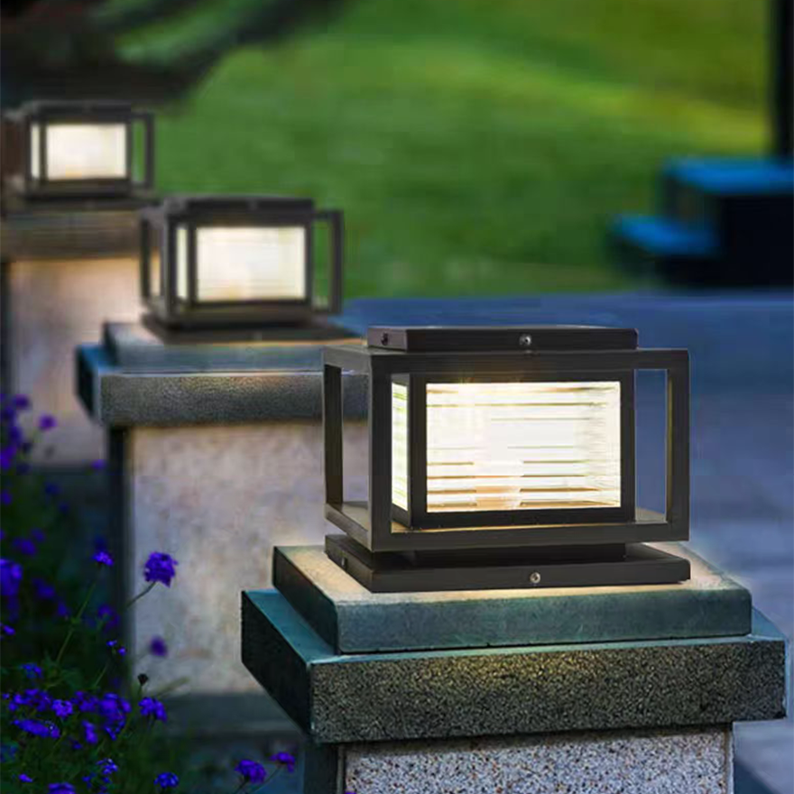 Contemporary Metal And Glass Rectangular Courtyard Outdoor Lamp, Black