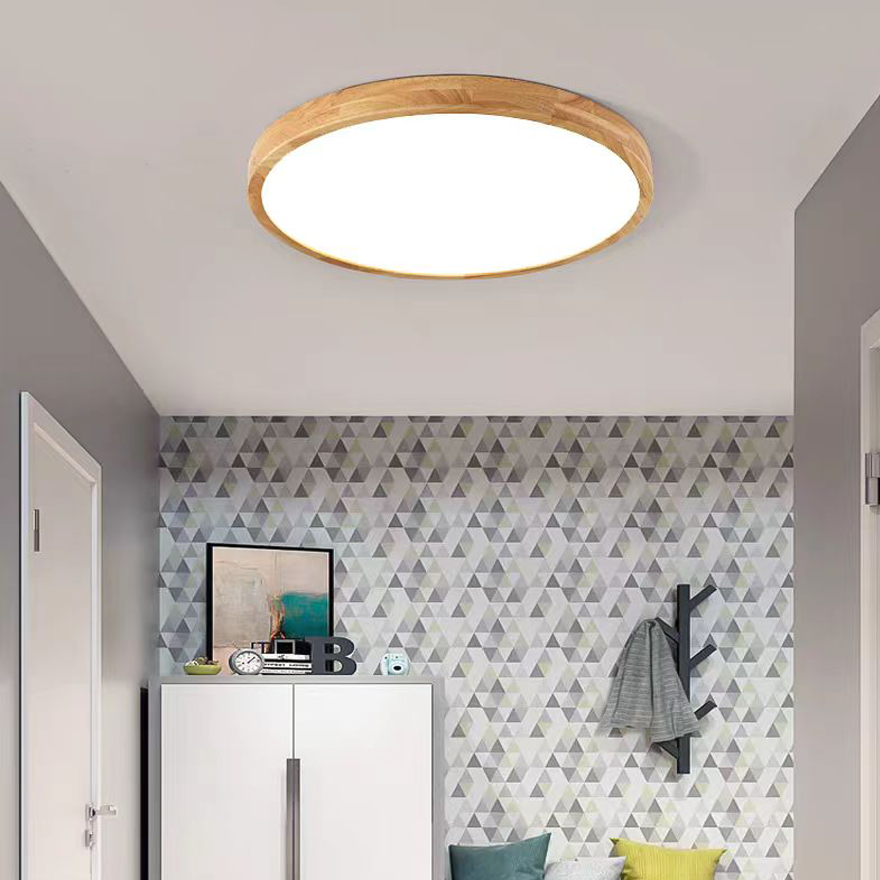 Modern Wood And Plastic Round Living Room Pendant Light, Natural Wood, Trichromatic Light