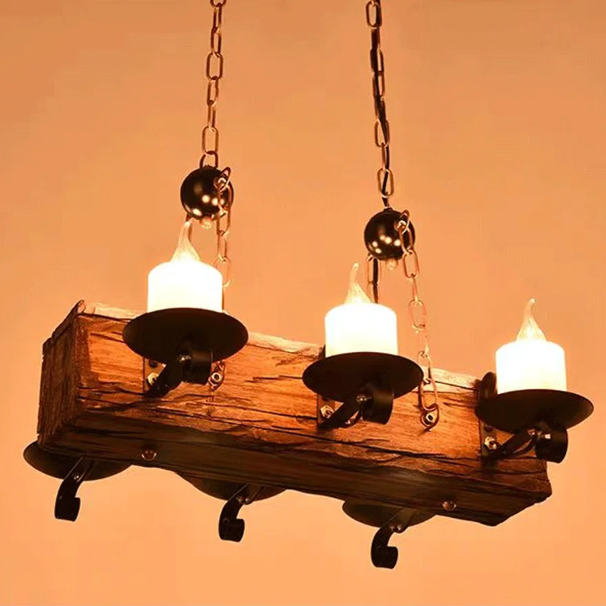 Retro Metal And Wooden Rectangular Dining Room Pendant Light, Walnut