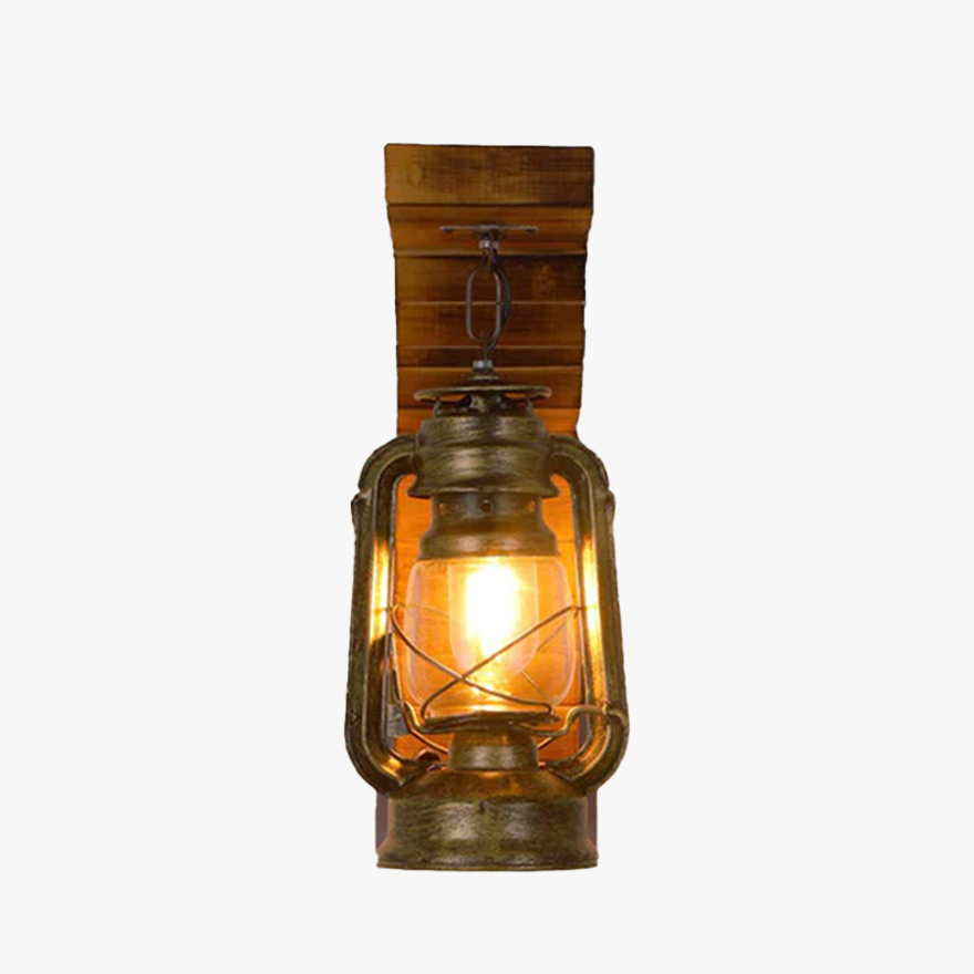 Retro Wooden And Metal Lantern Bedroom Wall Lamp, Burlywood