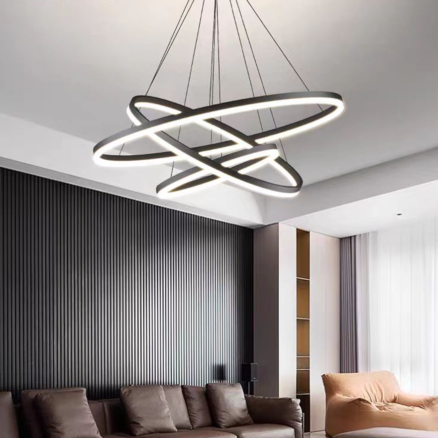 Modern Metal And Acrylic Ring Bedroom Pendant Light, Black, Trichromatic Light