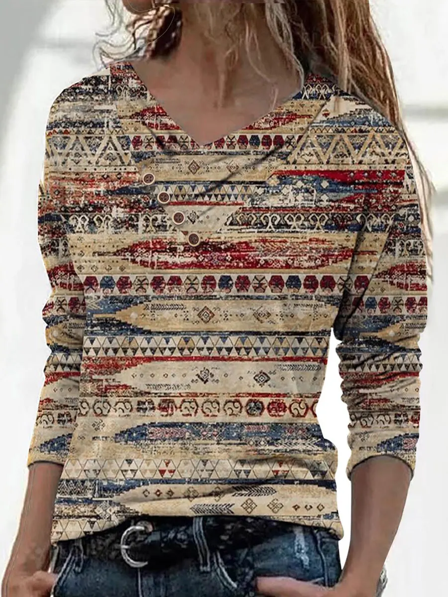 V-neck Retro Print Casual Loose Long-sleeved T-shirt