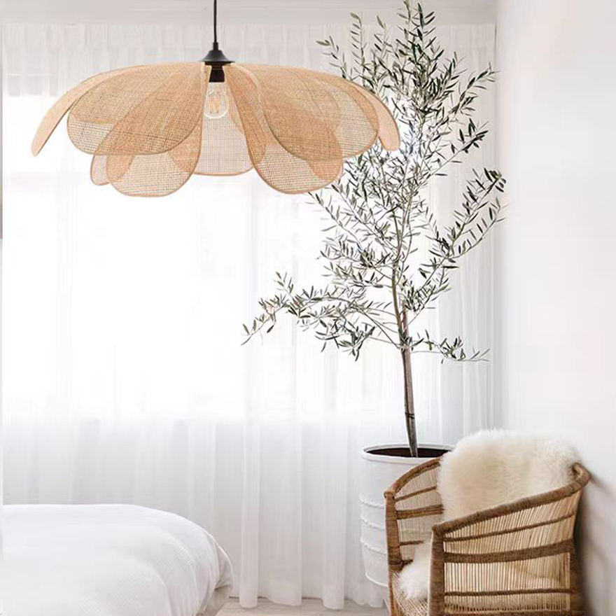 Art Deco Metal And Rattan Floral Bedroom Pendant Light, Natural Wood