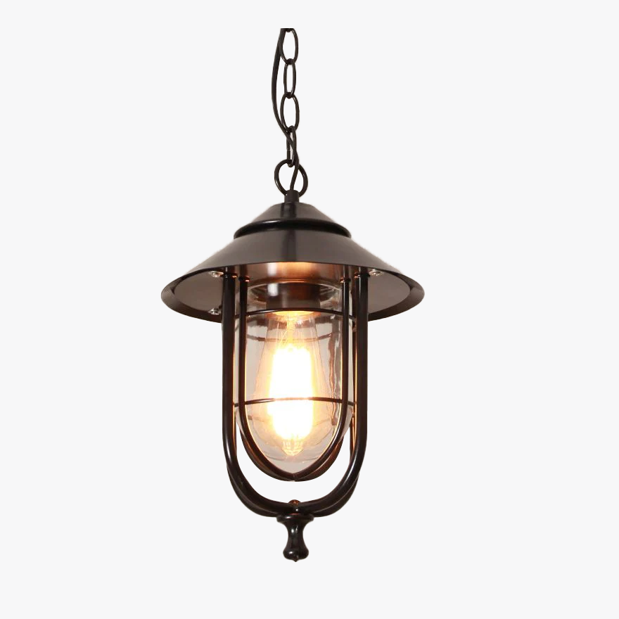 Industrial Metal And Glass Lantern Outdoor Pendant Light, Black/Bronze