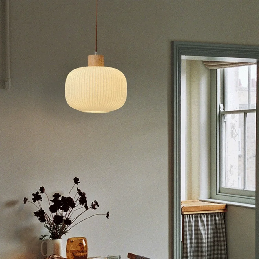 Minimalist Wooden And Glass Lantern Bedroom Pendant Light, White