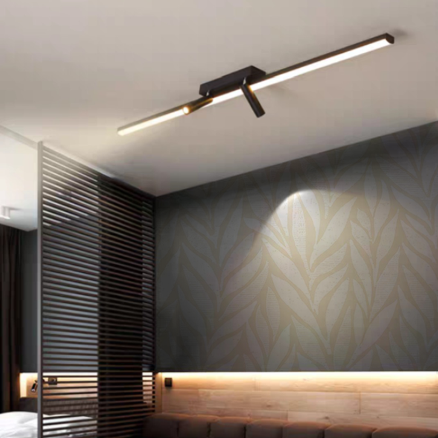 Minimalist Metal Linear Living Room Ceiling Light, Black,Trichromatic Light