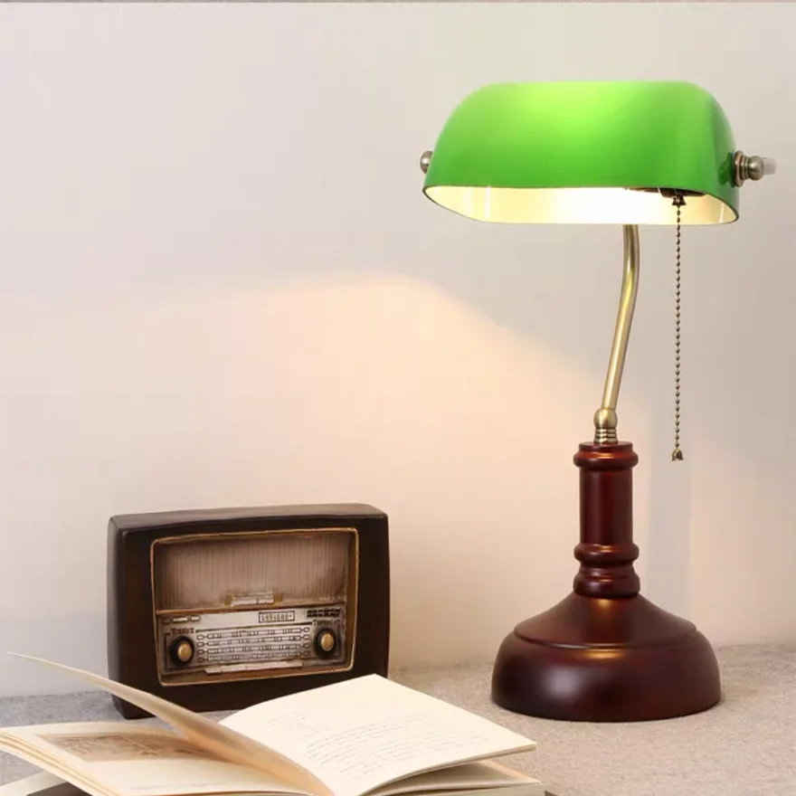 Vintage/Retro Metal And Glass Arched Study Room Table Lamp, Green | Liiffy