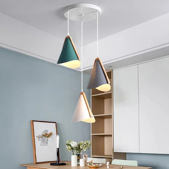 Morandi Metal And Wooden Conical Dining Room Pendant Light, Black/Green/Pink/White/Yellow