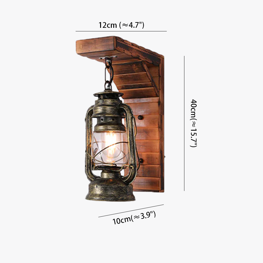 Retro Wooden And Metal Lantern Bedroom Wall Lamp, Burlywood