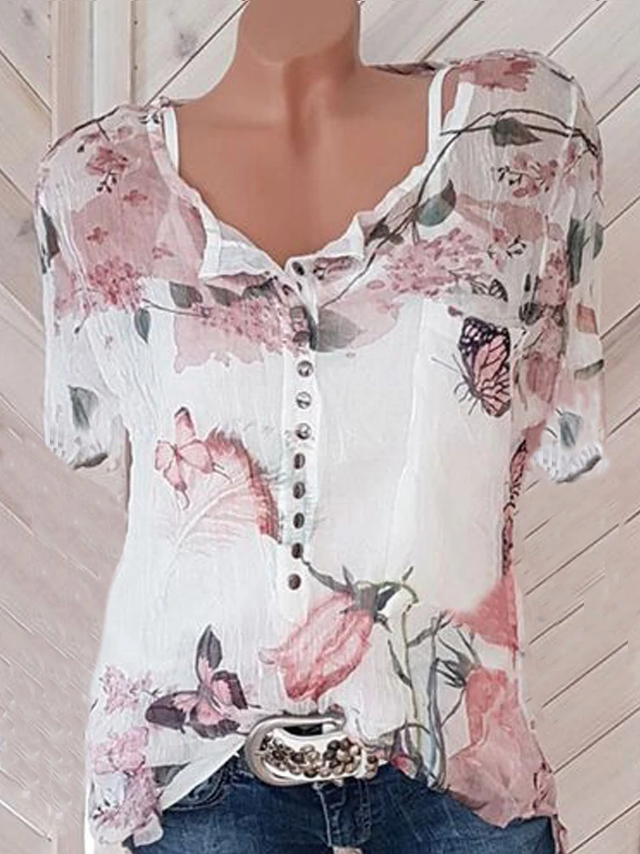 Floral Printed Short Sleeve Blouses