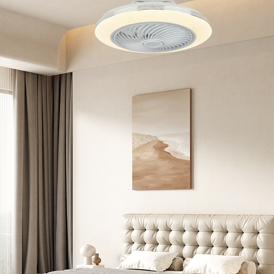 Modern Metal And Acrylic Round Bedroom Ceiling Fan With Light, Silver/Burlywood, Trichromatic Light